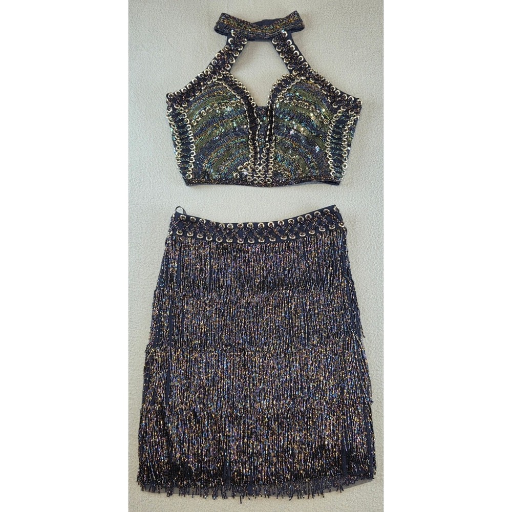 NWT Sherri Hill 52225 Beaded Halter Top Fringe Skirt 4 Liquid Metalic Flapper